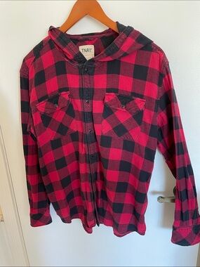 TNA Red and Black Plaid Hooded Button-Down Shirt